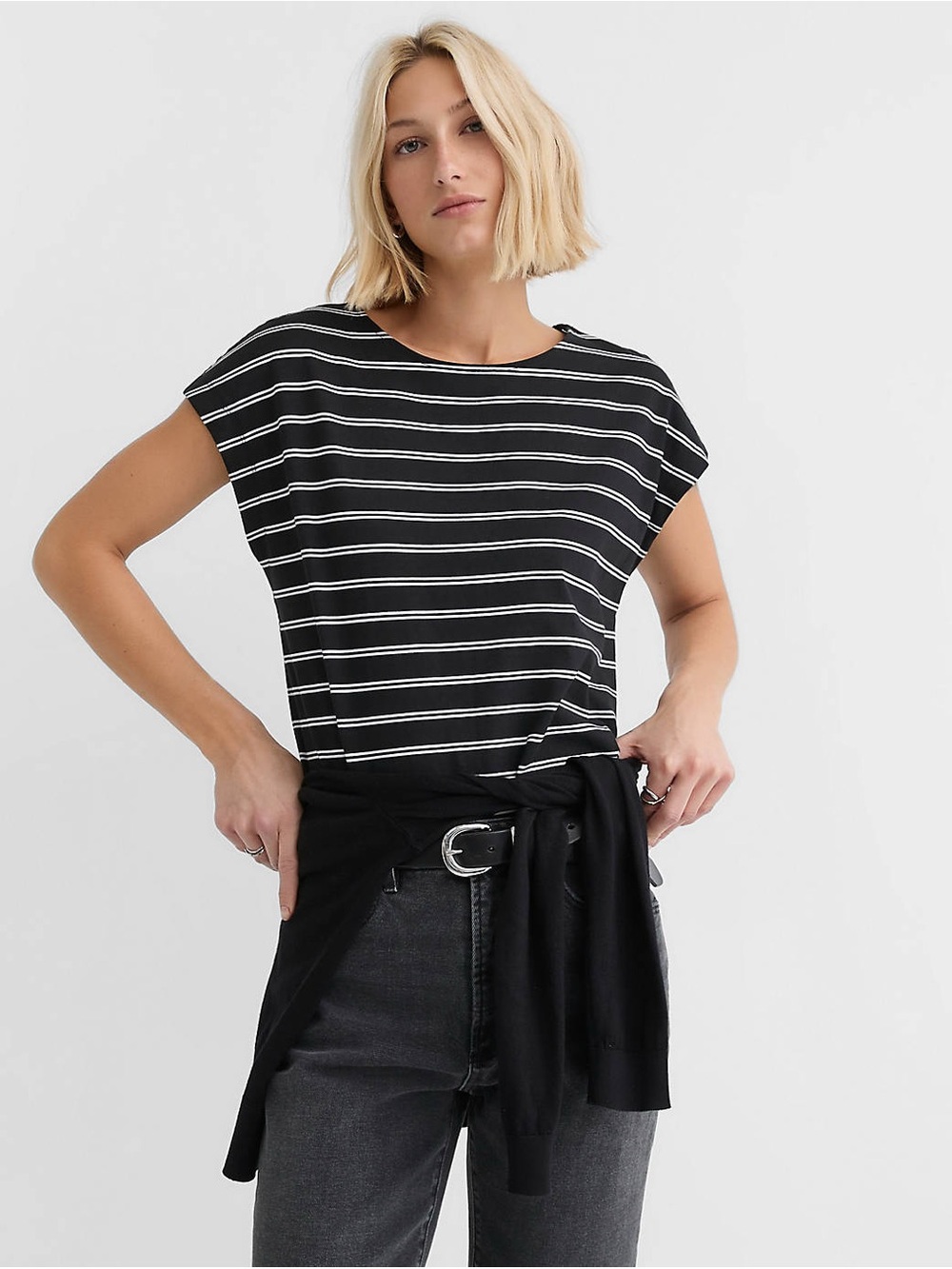 LOFT NWT S M Striped Modern Wedge Tee in Black • Minimalist Casual Stripe Top